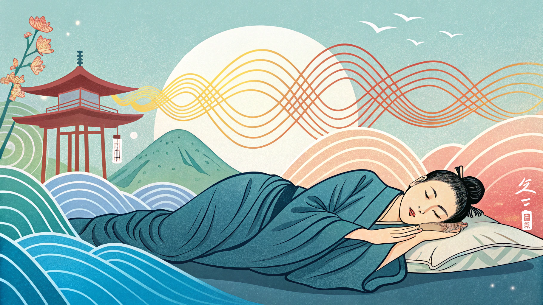 ソルフェジオ周波数を聞きながら着物を着て眠る女性のイラスト