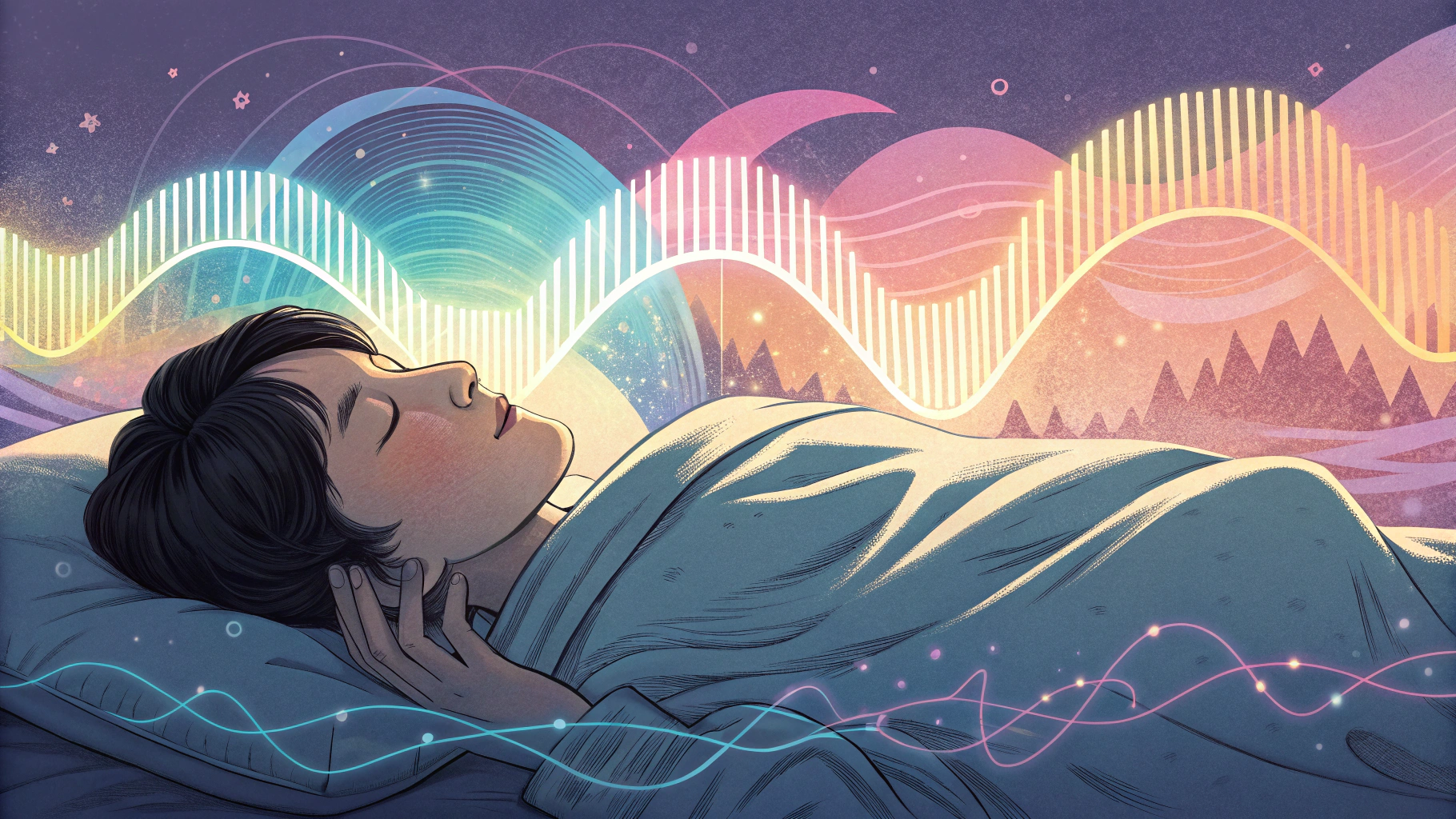 ベッドで眠る人ときれいなソルフェジオ周波数の音楽のイメージ